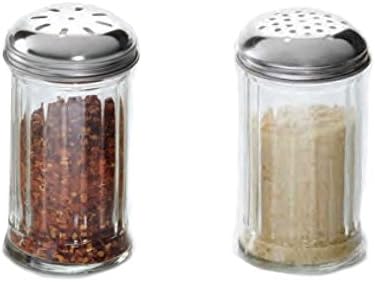 Grated Parmasan Cheese & Red Pepper Shaker (Set of 2) Fluted Sani Plastic with Stainless Steel Lids, Round Holes For Cheese, Slotted holes for Pepper or other Spices 12 Ounce