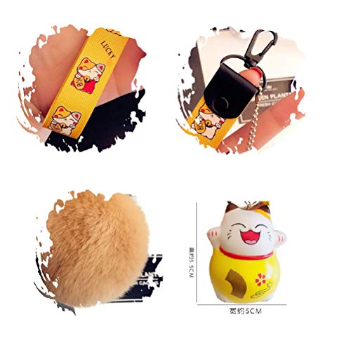 LinaLife Superstar Favorite Multi-Purpose Hand Wrist Strap with Fur Ball Maneki Neko Fortune Lucky Beckoning Cat Lucy Keychain Key Chains Toy Gift Accessories Fashion Ornaments Coin Purse Keyring Bag