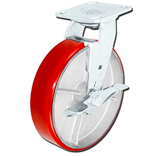 8 inch x 2 inch Heavy Duty Caster Set with Red Polyurethane on Steel
