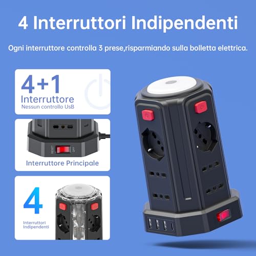 2 M Power Strip with Night Light 12 Universal Sockets 10/16A ITA and Schuko and 3 USB A+1 USB C Overvoltage Protection with 4 Independent Switches for Office, Home