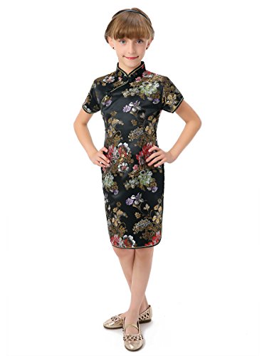 Black Peony Brocade Chinese Qipao for Kid