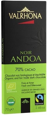 Valrhona French Chocolate - Organic and Fair Trade Dark Chocolate Noir Andoa 70% Cocoa Bar, 70g/2.46oz.