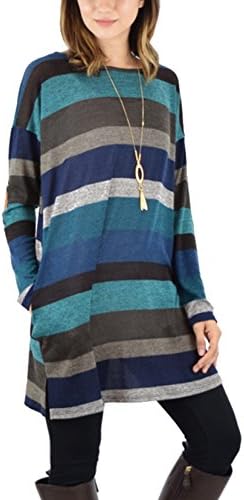 xinglan Women Casual Long Sleeve Stripe Sweater Tops Cotton Tunic Loose T-Shirt Dress With Pockets Blue -M