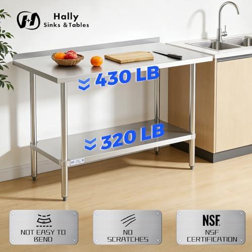Hally Stainless Steel Work Table with Backsplash Prep Table Commercial Kitchen Table Heavy Duty Workstation, 24 x 60 Inch Food Prep Station with Adjustable Shelf for Home Garage Restaurant