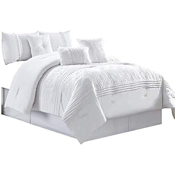 Chezmoi Collection Grace 7-Piece White Floral Chenille Embroidered Pleated Striped Comforter Set, Queen