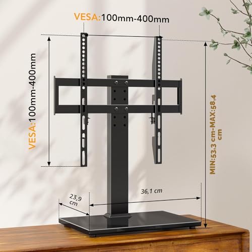 Universal-TV-Ständer - Tisch-TV-Ständer für 27-55-Zoll-LCD-LED-Fernseher - 9-stufig höhenverstellbarer TV-Fuß mit gehärtetem Glasfuß & Kabelmanagement, VESA 400x400mm HT08B-001