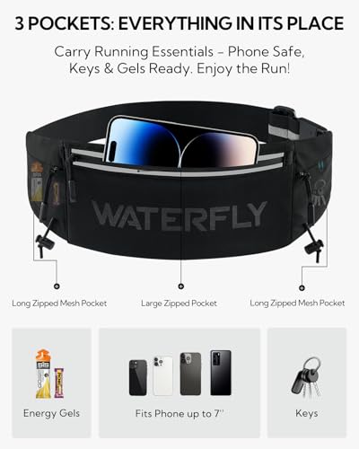 Waterfly Running Belt Bum Bag: Breathable Slim Waist Bag Phone Holder with Marathon Number Clip for Runners Jogging Exercise - Anti Theft Travel Wallet for Women Men Waistband Black