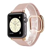 FOTOWELT for Apple Watch Band, 38mm Modern Genuine Leather Watch Band Wrist Strap Bracelet with Magnetic Buckle for Apple Watch iWatch-Pink Band with Rose Gold Adapter