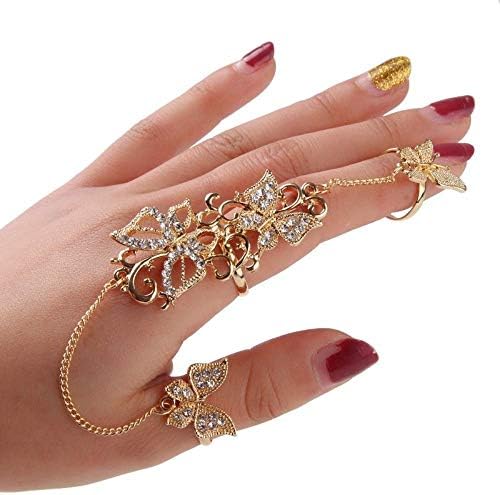 ZHOUYF RINGS fashionring Rhinestone Flower Butterfly Full Finger Rings For Women Gold Chian Link Double Armor Ring