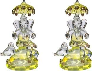 Somil Lord Ganesh Sitting On Mushak (Chuha) and Blessing with His Devine Wishes Statue (Murti) Idol Shopiece Handmade of Crystal Glass for Worship, Decoration, Car Dashboard, Gift
