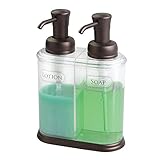 mDesign Double Liquid Hand Soap Dispenser Pump Bottle for Kitchen, Bathroom | Also Can be Used for Hand Lotion & Essential Oils - Clear/Bronze