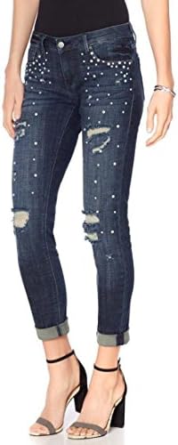GIULIANA G Pearl Embellished Girlfriend Jean Stretch Denim Dark 8 New 567-506