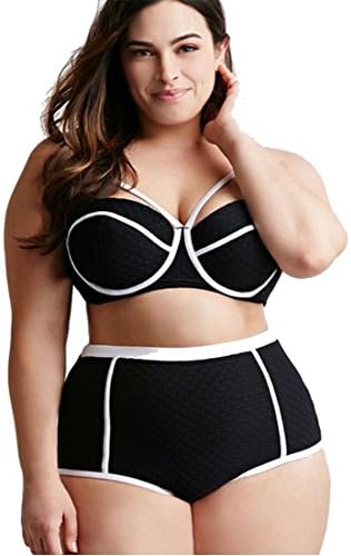 MITIAO womens 2 pieces plus size white line bikini swimsuits Black 3XL