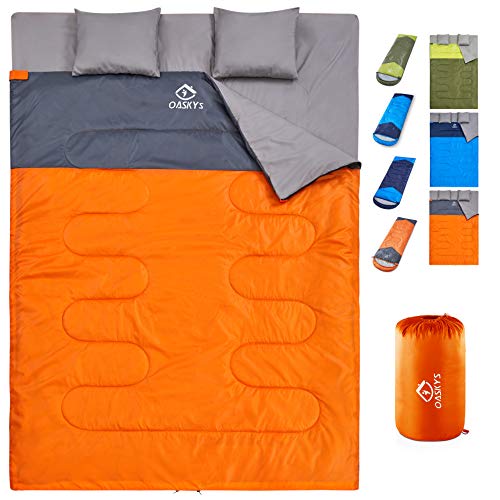 oaskys Camping Sleeping Bag – 3 Season Warm & Cool Weather – Summer, Spring, Fall, Lightweight, Waterproof for Adults & Kids – Camping Gear Equipment, Traveling, and Outdoors (Double Orange)
