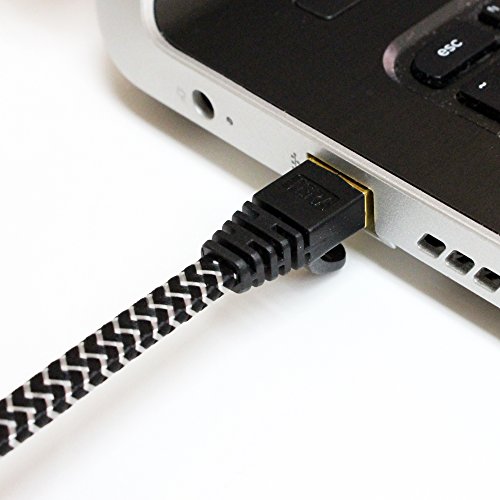 Tera Grand - CAT7 10 Gigabit Ethernet Ultra Flat Patch Cable Modem Router LAN Network Playstation Xbox - Built with Gold Plated & Shielded RJ45 Connectors Nylon Braided Jacket, 3 Ft Black & White