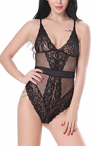 Charmial Lingerie Bodysuit One Piece Babydoll Mesh Air Sexy Sleepwear Lace Cups Fishnet Teddy
