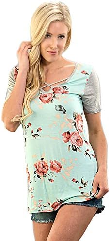 SHOPGLAMLA Criss Cross Floral Print Boutique Raglan Short Sleeves Top Mint/H.Grey M