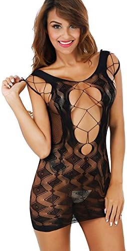 Freemale Women Crocheted Hollow Out Bodycon Lingerie Fishnet Chemise Mini Dress