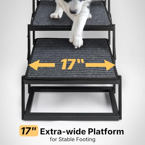 Veehoo 17" Wide Dog Stairs for Large Dogs, 4 Steps Foldable Dog Steps for Car SUV Truck, Heavy Duty Outdoor Pet Ramp Ladder with Detachable Non Slip Surface, Support Up to 200lbs