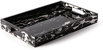 Carla Carstens Black &amp; White Marble Acrylic Small Tray with Cutout Handles | Vanity Tray Cosmetic Jewelry Storage Handmade Rectangle Ottoman Catchall Serving