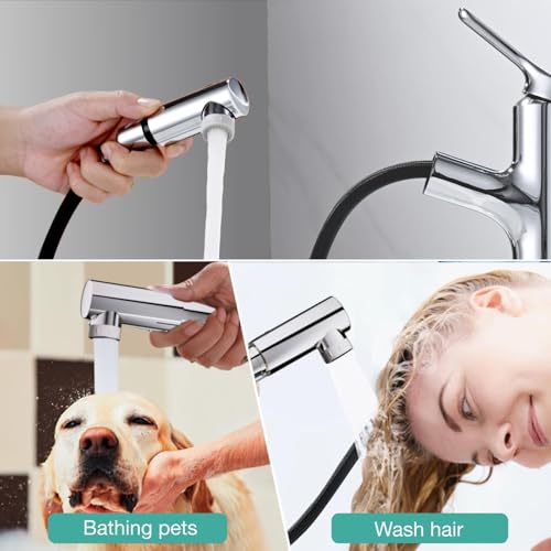 Tall Bathroom Faucet with 2 Modes Pull-Out Shower, DETBOM Basin Mixer, Single Lever Taps, Suitable for Countertop Washbasin, Removable Aerator, Hot/Cold Water, Lead-free, Chrome