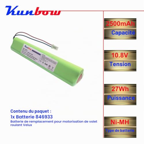 Kunbow Replacement battery for Velux roller shutter motor, battery for Velux solar window, roof window, roller shutter with 9 AA cells 10.8 V/2500 mAh NiMH, replacement for