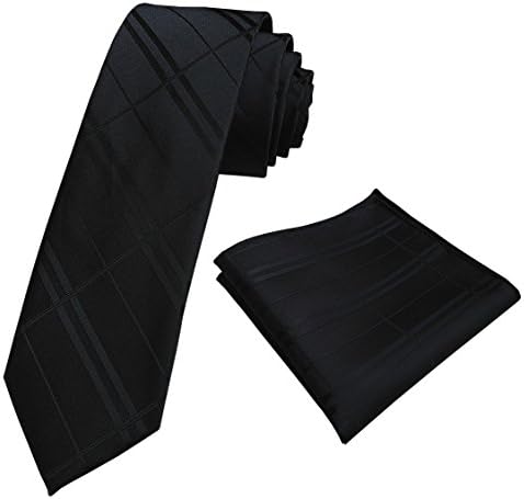 Simpowe Mens 2.36 Inches Skinny Striped Tie and Pocket Square Set (Midnight Black, One Size)