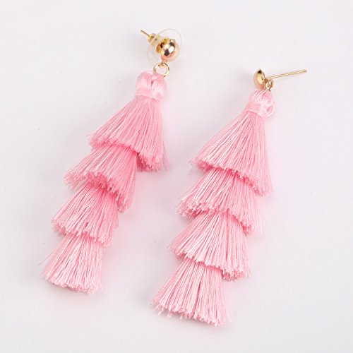 BaubleStar Fashion Gold Tassel Dangle Earrings Layered Long Bonita Tiered Pink Thread Tassel Drop Statement Jewelry for Women Girls