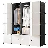KOUSI Portable Closet Wardrobe Closets Clothes Wardrobe Bedroom Armoire Storage Organizer with Doors, Capacious & Sturdy, Black, 10 Cubes+2 Hanging Sections