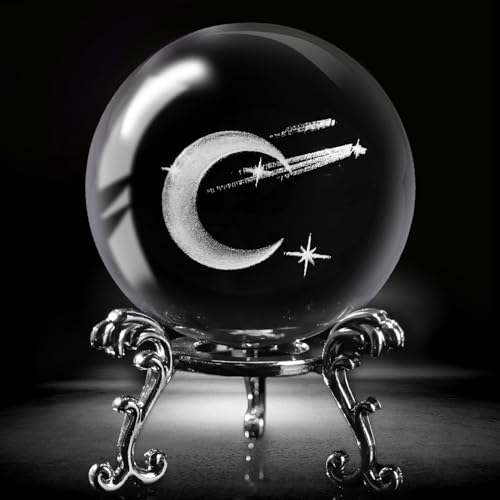 FUTUREPLUSX Crystal Ball with Stand, 3D Laser Crystal Ball Moon Glass Sphere for Birthady Gift Home Weeding Decor Crafts