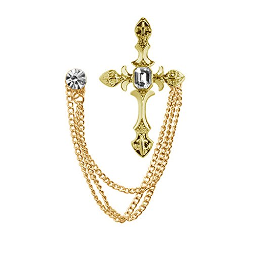 Kofun Brooch Pin, Men's Rhinestone Cross Chain Brooch Lapel Pin Shirt Suit Wedding Accessory Gift Gold