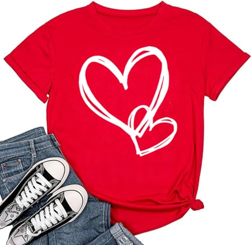 Valentines Shirts for Women Cute Love Heart Graphic Tees Short Sleeve Teacher Gift Tops(Red-1, M) at Amazon