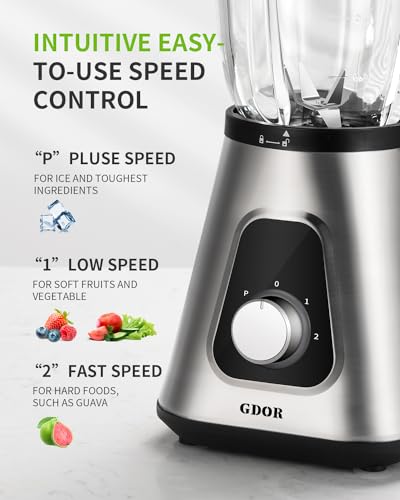 GDOR 1200 W Stand Mixer Glass 2-1 Mixer Smoothie Maker with 1.5 L Glass Jug and 650 ml Travel Mug 3 Speeds High Performance Mixer Professional Blender for Smoothies Shakes, Frozen Drinks Sauces