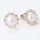 Gold Plated Zirconia Pearl Ball Round Button Stud Earrings (YELLOW)