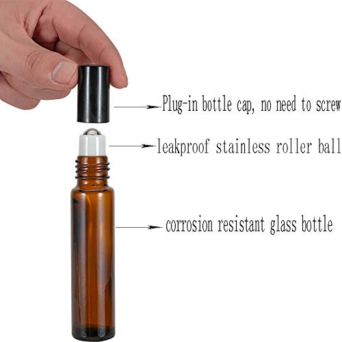 Roller Bottles - 10ml Amber Glass Roller Bottle for Essential Oils,8 Pack Empty Bottles with Stainless Steel Roller Balls.