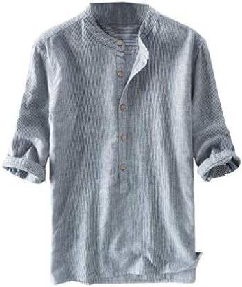 Men's Grandad Collar Button Shirt Striped 3/4 Long Sleeve Tops Japanese Style Dress Solid Casual Tee