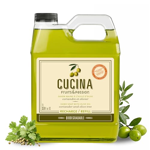 Cucina Fruits & Passion Hand Soap Refill, Coriander & Olive Tree – 1 L (33.8 fl oz) – Olive Oil Enriched, Biodegradable Formula, Kitchen Hand Soap