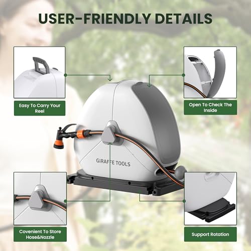 Giraffe Tools Retractable Hose Reel with 30M, Heavy Duty Ground Mount Garden Hose Reel, with 7-Function Sprayer Nozzle & Flexible Swivel Base