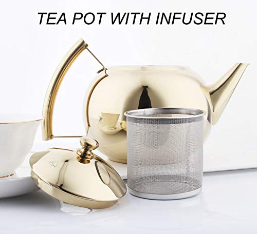 OMGard Gold Tea Pot with Infuser Loose Tea Leaf Filter 2 Liter Stainless Steel Teapot Coffee Water Small Kettle Strainer Set Warmer Teakettle for Stovetop Induction Stove Top 2.1 Quart / 68 Ounce