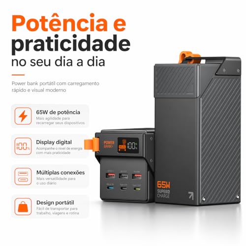 Carregador Power Bank Portátil Display Premium 50000mAh Original - Estação Carregadora de Alta Capacidade para Celulares,Carregamento Ultra Rápido 65W, USB-C e USB-A