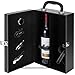 MyGift 2 Bottle Modern Black Top Handle Travel Wine Carrier Case with 4 Piece Wine Accessory Set