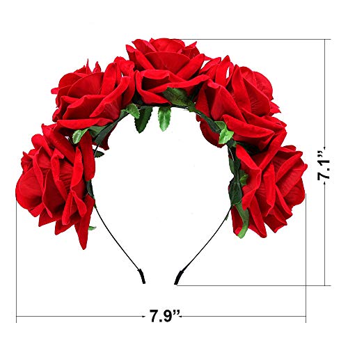 Rose Headband Flower Wreath Crown Hair Bands Big Floral Garland Christmas Hair Hoop Women Girl Hairband Party Decoration Headdress Cosplay Costume Headwear Handmade Headpiece Hair Accessories Burgundy - Thumbnail 6