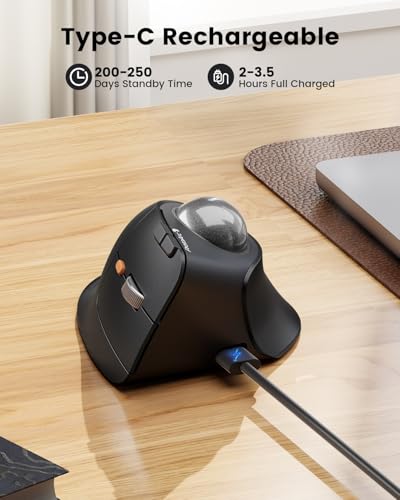 ProtoArc EM05 NL Wireless Vertical Bluetooth Trackball Mouse 62° | Ergonomic, Thumb Control, Rechargeable, 3 Devices, 62°, 5 DPI for iPad/Mac/PC/Windows - Black