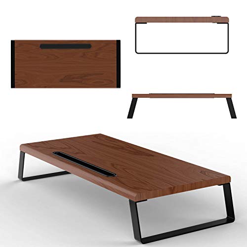 Bemorergo Wood Monitor Stand Riser with Slot Metal Feet Computer Riser for Speaker TV Laptop Printer Stand Office Supplies Platform Save Space 20 x 9.5 inch