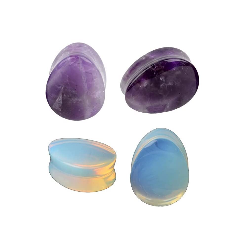 IMINI 2Pairs Opalite Moon Stone Amethyst Ear Gauges Plugs Tunnels Expanders Stretcher Natural Organic Stone Double Flared Piercing Body Jewelry (3/4"(19mm))