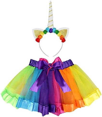 Girls Layered Rainbow Tutu Skirt with Unicorn Headband Ballet Dance Ruffle