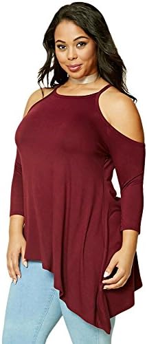 Burgundy XL Asymmetric Hem Cold Shoulder Plus Size Top Blouse Casual Shirt Spring Top