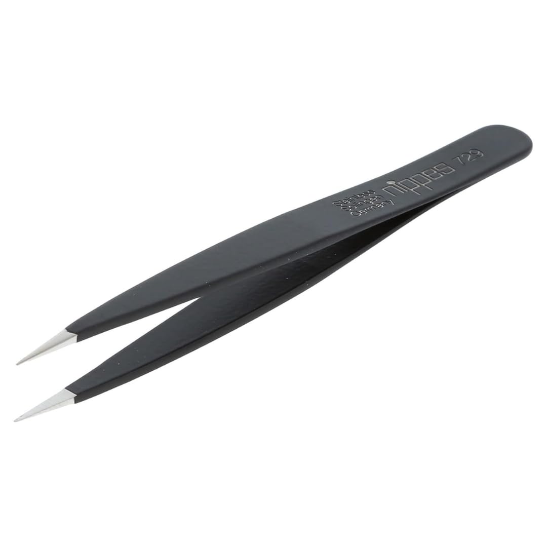 Nippes Solingen 729 Tweezers with Narrow Fine Tip, Stainless Steel, Black, 9.5 cm Length, for Precise Hair Removal and Eyebrow Plucking