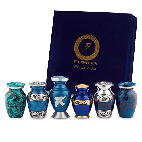 Keepsake Cremation Urns, (Blue 6pc), Small Funeral Urns for Human Ashes w/Velvet Box, by Fedmax.