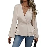 Women’s V Neck Peplum Bell Sleeve Blouse, Dressy Casual Elegant Top for Business/Work/Going Out, Trendy Long Sleeve Tops